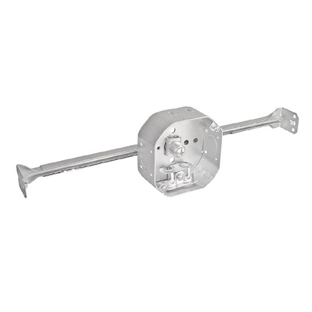 Garvin Industries 4" Octagon Box, 1-1/2" Deep, Drawn, With Romex Clamps, Bar Hanger Assembly, Fixture Ears 3-1/2" O.C.