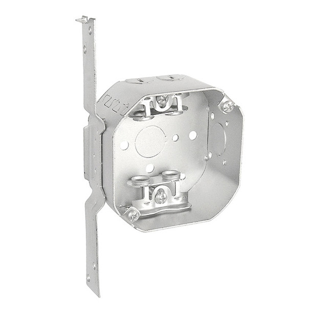 Garvin Industries 4" Octagon Bracketed Box, 1-1/2" Deep, Drawn, With Romex Clamps and Fixture Ears, 3-1/2" O.C., Flat Vertical Bracket