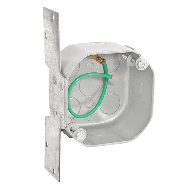 Garvin Industries 4" Octagon Bracketed Ceiling Fan Box, 2-1/8" Deep, Drawn, Conduit KO's, Weatherproof, Flat Vertical Bracket