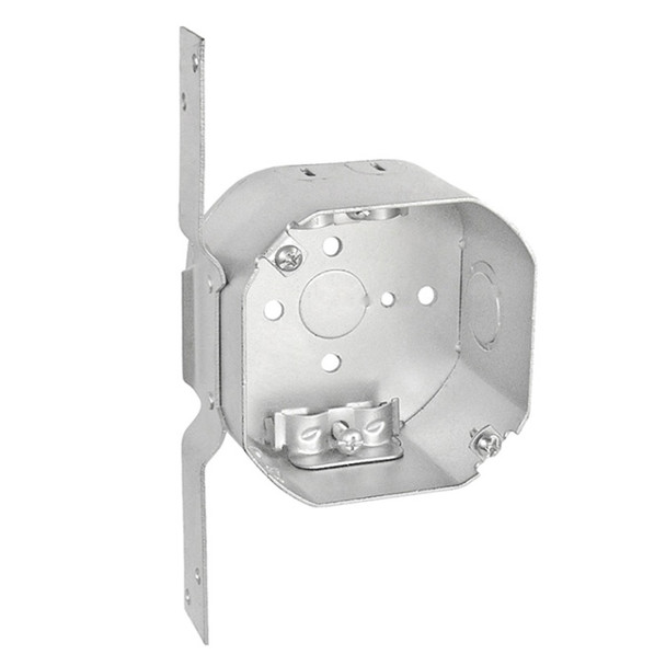 Garvin Industries 4" Octagon Bracketed Box, 2-1/8" Deep, Drawn, With Romex Clamps and Fixture Ears, Flat Vertical Bracket, 3-1/2" O.C.