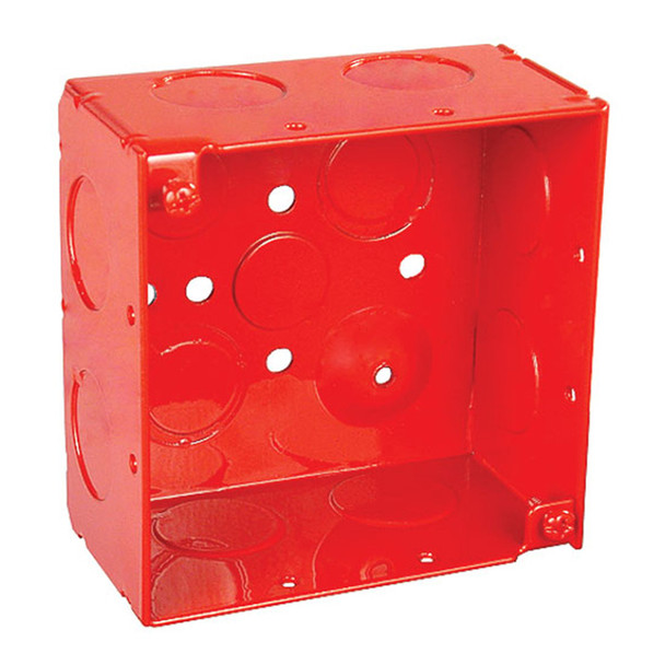 Garvin Industries 4" Square Life Safety Box, 2-1/8" Deep, Welded, Conduit KO's, Red