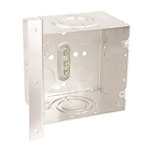 Garvin Industries 4-11/16" Square Data Box, 3" Deep, 1/2"-2" Knockouts, Horizontal Wood Spike Bracket