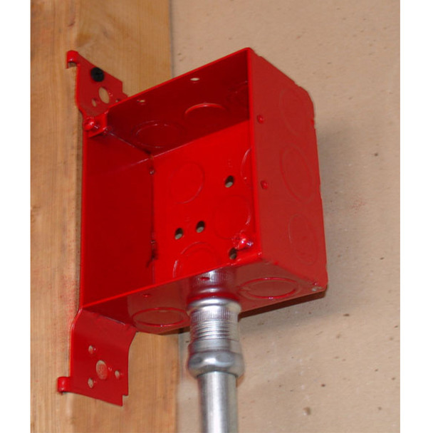 Garvin Industries 4" Square Bracketed Life Safety Box, 2-1/8" Deep, Welded, Flat Vertical Bracket, Conduit KO's, Painted Red