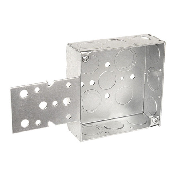Garvin Industries 4" Square Bracketed Box, 1-1/2" Deep, Welded, With Conduit KO's, Horizontal Wood Spike Bracket