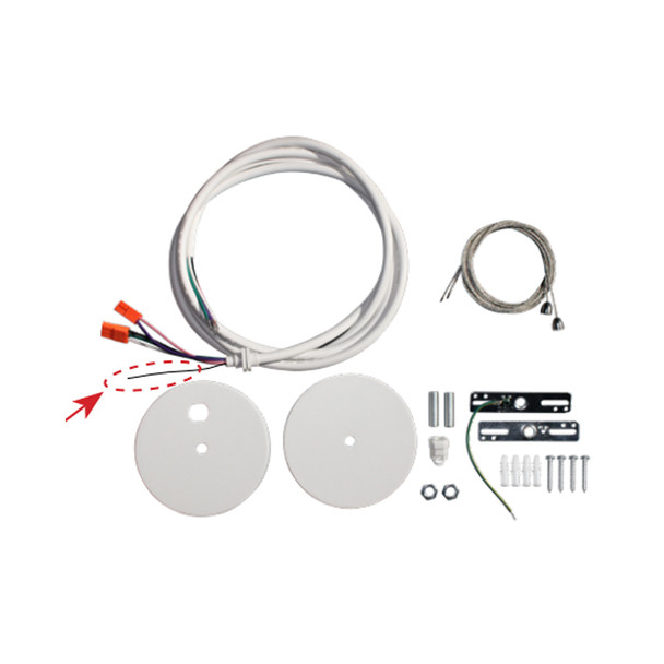 Aleo LED Lighting LPA Accessory Hardware Pack, 8’ Aircraft Cable x 2, 8’ Power Cord w/ 6 conductors (white), Feed Canopy (white), Support Canopy (white)
