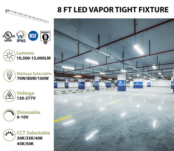 WareLight Vapor Tight LED Fixture, 8', 70/80/100W Selectable, 30/35/40/45/50K Selectable, 0-10V Dimmable, 120-277V