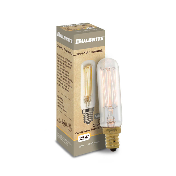 Bulbrite Incandescent 25 Watt T6 Thread Light Bulb With A Clear Finish And Candelabra Screw (E12) Base, 2700K (Warm White Light) - alternate image 2