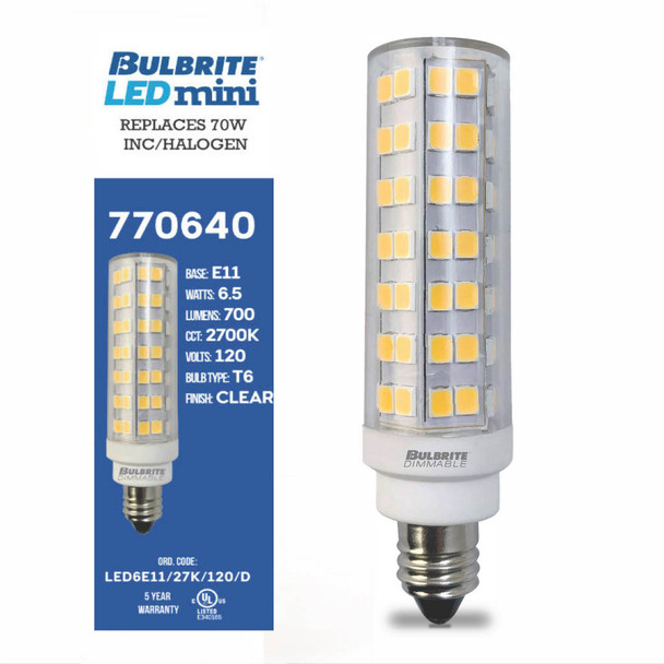 Bulbrite LED 6.5 Watt T6 Light Bulb With A Clear Finish And Mini-Candelabra Screw (E11) Base - alternate image 2