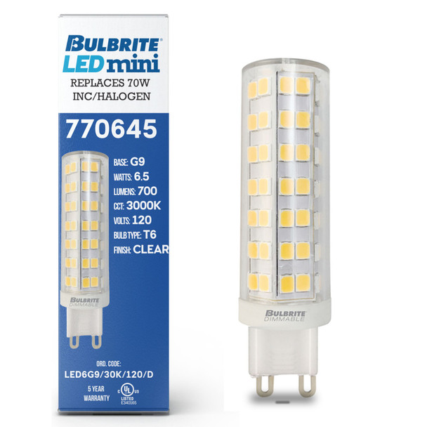 Bulbrite LED 6.5 Watt T6 Light Bulb With A Clear Finish And Bi-Pin (G9) Base - alternate image 3