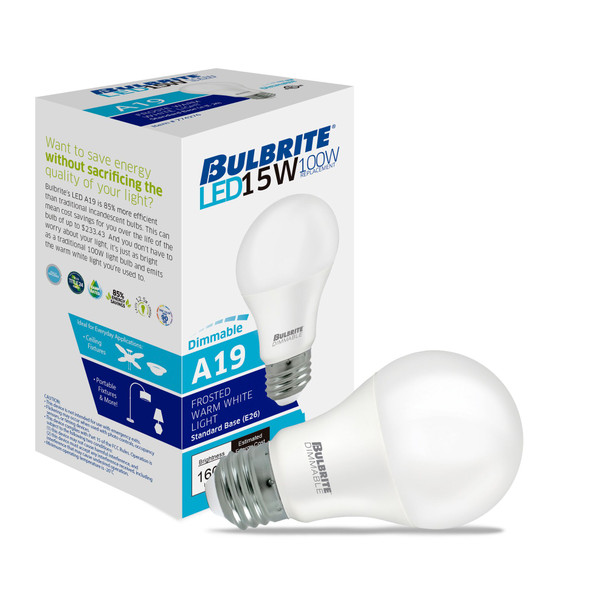 Bulbrite LED 15 Watt A19 Light Bulb With A Frost Finish And Medium Screw (E26) Base, 2700K (Warm White Light) - alternate image 2