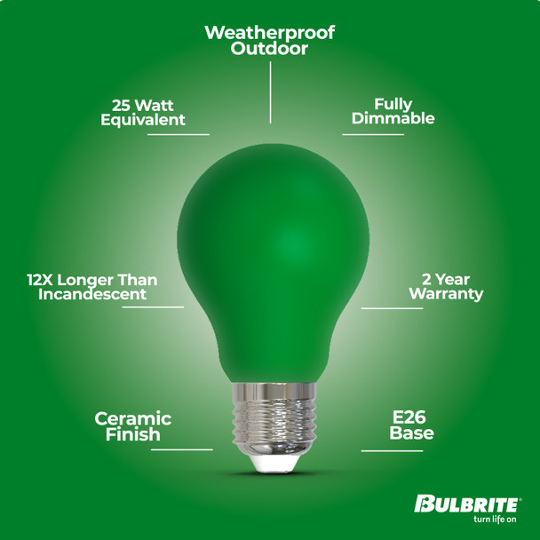25-Watt Equivalent Ceramic Green Color A19 Weatherproof Outdoor E26 Medium Base LED Light Bulb - alternate image 5