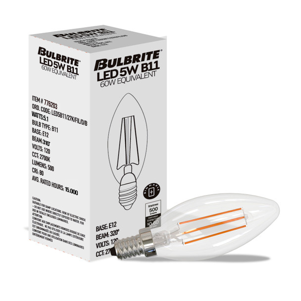 Bulbrite LED 5.1 Watt B11 Light Bulb With A Clear Finish And Candelabra Screw (E12) Base - alternate image 2