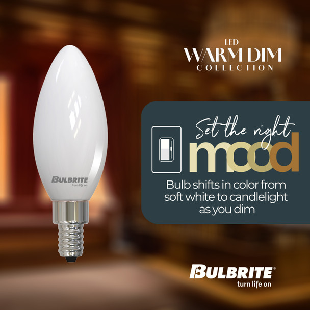 LED Filament 5 Watt B11 Light Bulb With A Milky Finish And A Candelabra Screw E12 Base - 3000K-1800K Color Temperature, 500 Lumens - side view