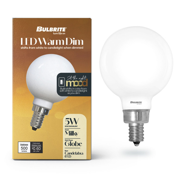 LED Filament 5 Watt G16 Light Bulb With A Milky Finish And A Candelabra Screw E12 Base - 3000K-1800K Color Temperature 500 Lumens - alternate image 1