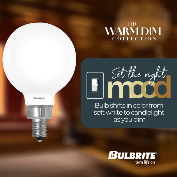 LED Filament 5 Watt G16 Light Bulb With A Milky Finish And A Candelabra Screw E12 Base - 3000K-1800K Color Temperature 500 Lumens - side view
