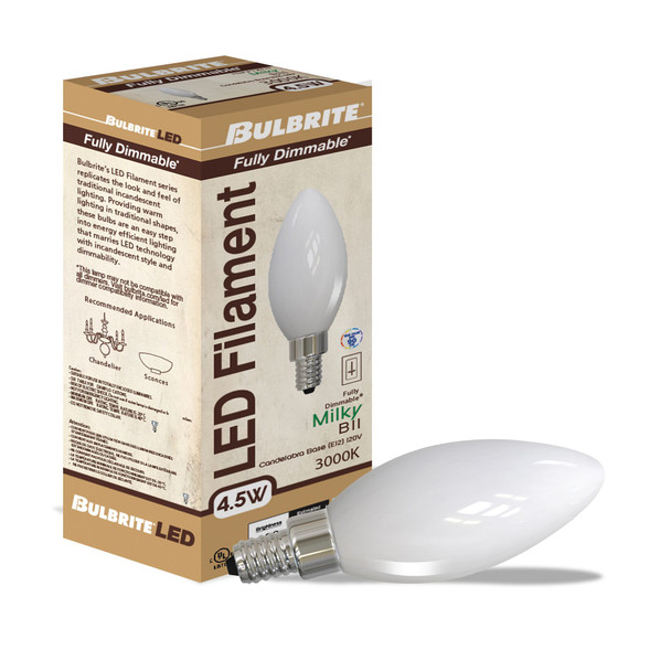 LED Filament 4.5 Watt B11 Light Bulb With A Milky Finish And A Candelabra Screw E12 Base - 3000K (Soft White Light) 400 Lumens - alternate image 2