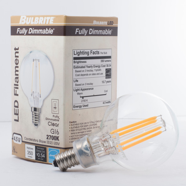 LED Filament 4 Watt G16 Light Bulb With A Clear Finish And A Candelabra Screw E12 Base - 2700K (Warm White Light) 350 Lumens - alternate image 2