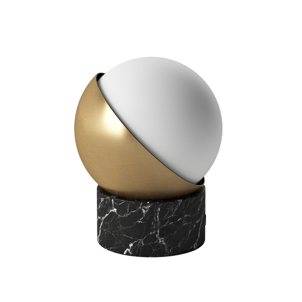 Orb Rechargeable Cordless LED Table Lamp, 3-Levels Brightness Touch Sensor Control, Black Marble / Brushed Brass - illuminated view