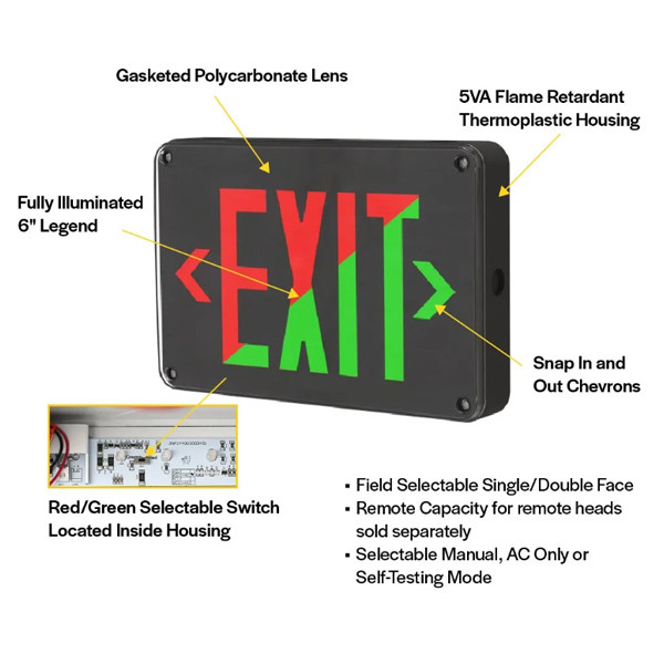 Halco Emergence Wet-Location Exit Sign, Black Housing, Field-Selectable Red/Green Legend, Field-Selectable Single/Double Face, Self-Diagnostics, Remote Capacity