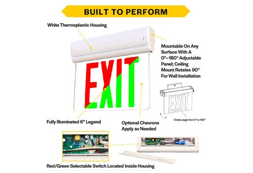 Emergence Series Thermoplastic Edgelit Exit Sign, Selectable Red/Green Legend, Selectable Single/Double Face, White Housing, Manual or Self-Test/Self-Diagnostics, Battery Backup, Universal Mounting