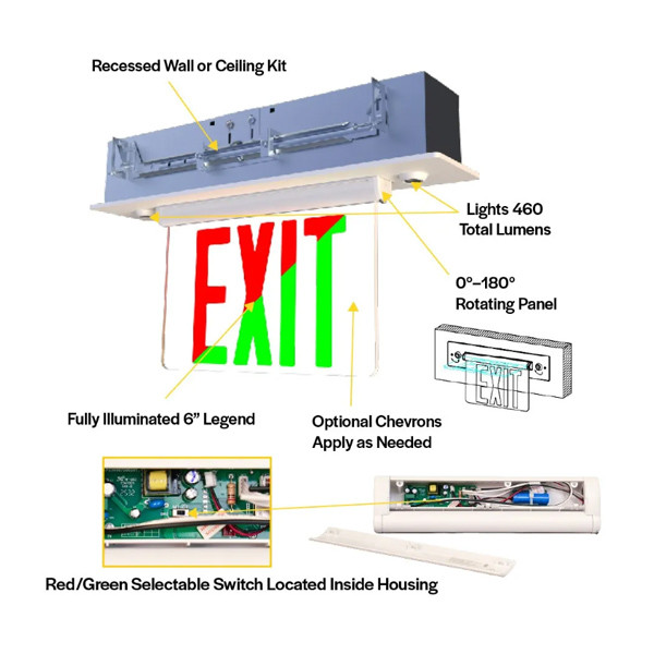 Emergence Thermoplastic Edgelit Combo Exit & Emergency Unit, Recessed Mount, Selectable Red/Green Legend, Selectable Single/Double Face, White Housing, Selectable Manual/Self-Test, Battery Backup