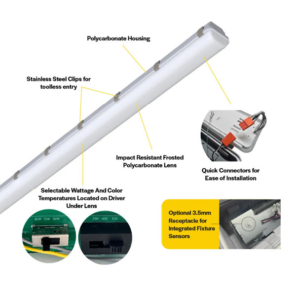 ProLED Select Linear Vaportight Series - Gen 2, 8', Lumen Selectable, Color Selectable 3500K/4000K/5000K, 120-277V, Controls Ready 3.5mm Receptacle