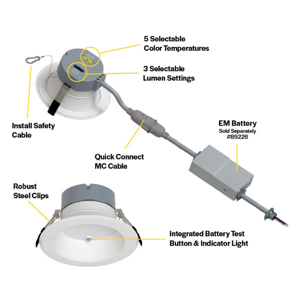 Halco Retrofit Commercial Downlight, 6", Emergency Battery Ready, Lumen Selectable, Color Selectable, White Reflector, White Flange, Dual Dimming, 120-277V