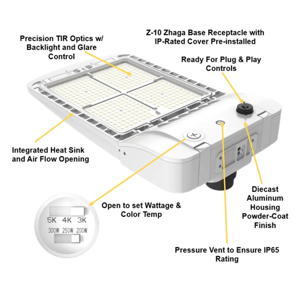 Halco ProLED SekTor Area Light Series G2, Size 2, Lumen Selectable 15000|18000|22000, CCT Selectable 3000K|4000K|5000K, Type III Installed with Type V Included, 120-277V