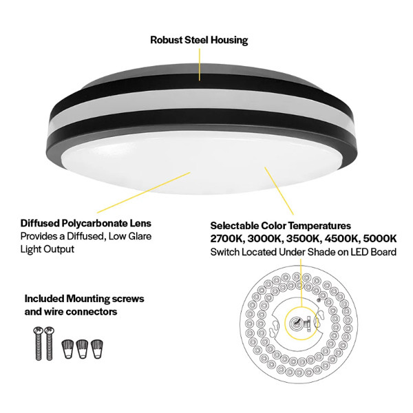Halco Flushmount Modern Double Ring, 14", Color Selectable 2700K|3000K|3500K|4000K|5000K, Black, 120V, Triac Dimming