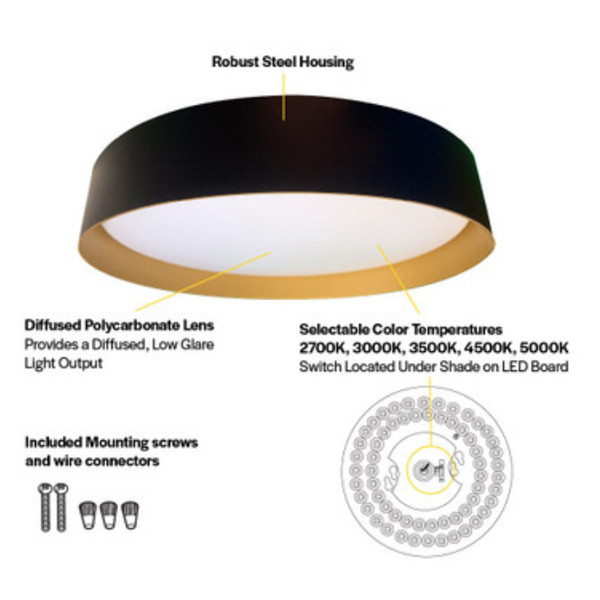 Flushmount Thick Black Ring, 14" Round, Color Selectable 2700K/3000K/3500K/4000K/5000K, Black/Gold Finish, 120V
