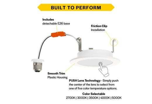 Push Lens Retrofit Slim Downlight, 4", Smooth Trim, Color Selectable 2700K/3000K/3500K/4000K/5000K, 90 CRI, 120V