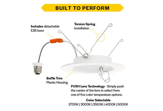 Halco Push Lens Retrofit Slim Downlight, 6", Color Selectable 2700K/3000K/3500K/4000K/5000K, Baffle Trim, 120V