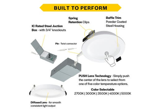 Halco Push Lens Slim Downlight, 4", Color Selectable 2700K/3000K/3500K/4000K/5000K, Baffle Trim, 120V