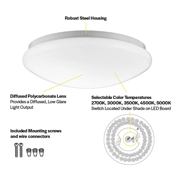 Flushmount Mushroom Fixture, 11", Color Selectable 2700K|3000K|3500K|4000K|5000K, White, 120V, Triac Dimming