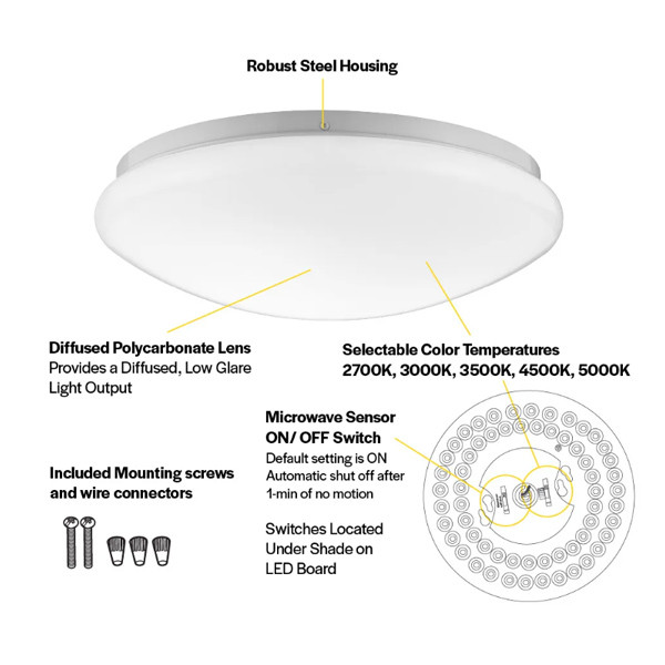 Halco Flushmount Mushroom Fixture, 13", Color Selectable 2700K/3000K/3500K/4000K/5000K, White, 120V, Microwave Motion Sensor