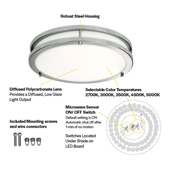 Flushmount Double Ring, 16", Color Selectable 2700K/3000K/3500K/4000K/5000K, Brushed Nickel, 120V, Microwave Motion Sensor