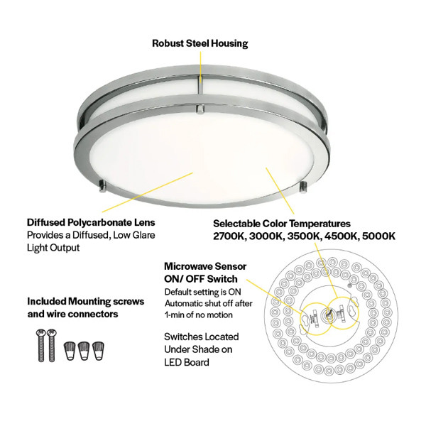 Flushmount Double Ring, 14", Color Selectable 2700K/3000K/3500K/4000K/5000K, Brushed Nickel, 120V, Microwave Motion Sensor
