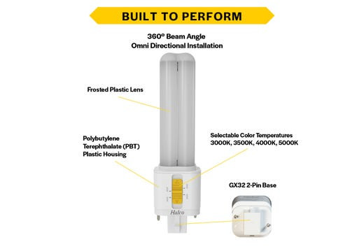 Halco ProLED Select Plug-In Lamp, Double Tube, Omni-Directional, 7W, 80 CRI, 3000K/3500K/4000K/5000K Selectable, Hybrid Type A/B, GX32 2-Pin Base, LED Generation 2, Non-Dimmable