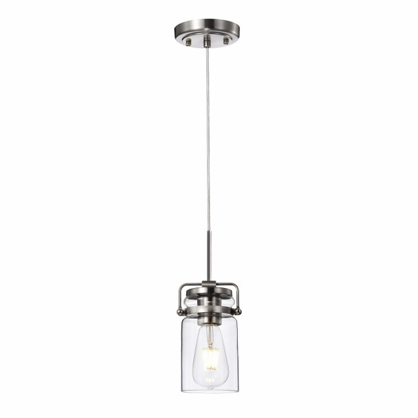 Sunpark P308 Mini Pendant, Satin Nickel, Clear Glass Shade, 120V, E26, 8W, 2700K