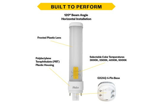 Halco ProLED Select Plug-In Lamp, Double Tube, Horizontal, 9.5W, 80 CRI, 3000K/3500K/4000K/5000K Selectable, Type A Ballast Compatible, G24Q 4-Pin Base, LED Generation 2, Dimmable