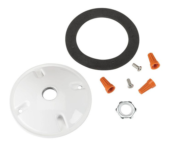 Round Cover Plate for mounting Flood Lights on 4" Round boxes. Includes Mounting Hardware. White Color - main product image