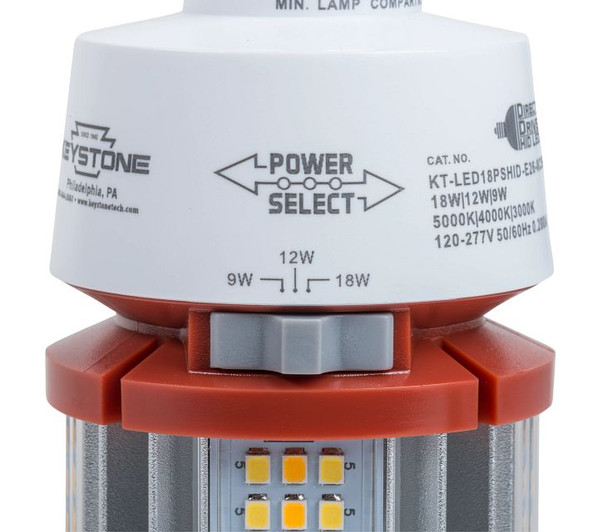LED HID Replacement lamp feat. Power Select & Color Select. 18 / 12 / 9W, 3000 / 4000 / 5000K, 120-277V Input, E26 Base - alternate image 3