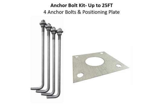 Straight Square Steel Pole Anchor Bolt Kit, Square Pole, 10'-25', Includes 4 Anchor Bolts and Positioning Plate