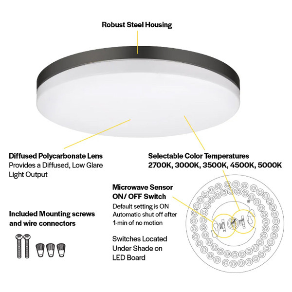Halco Flushmount Slim Drum Fixture, 11", Color Selectable 2700K-5000K, Brushed Nickel|Black, 120V, Microwave Motion Sensor