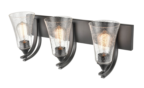 Natalie Three Light Vanity, 3-Light, Matte Black, Clear Seeded Glass, Medium E26 Base, 120V