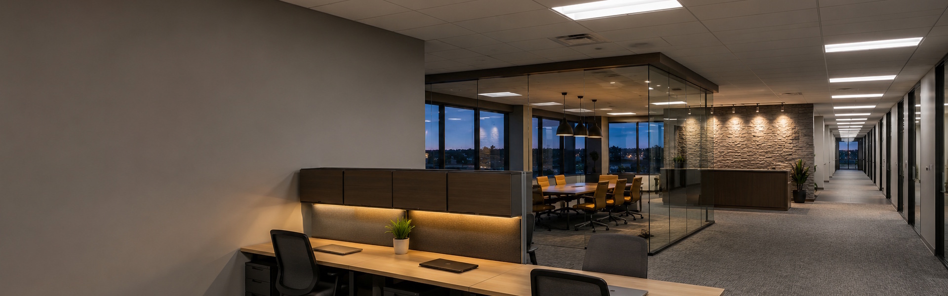 Layered commercial lighting in action: 4000K LED troffers overhead set the base layer, with warmer 3000K accent lighting in the reception zone.
