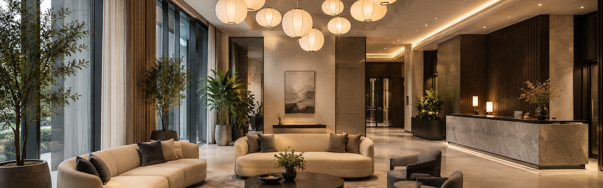 Upscale hotel lobby with warm-white decorative pendant lights at 3000K over plush seating, soft natural daylight from tall windows