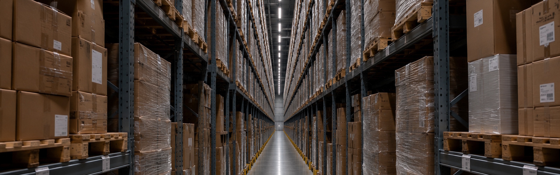 Narrow warehouse aisle with linear high bay fixtures