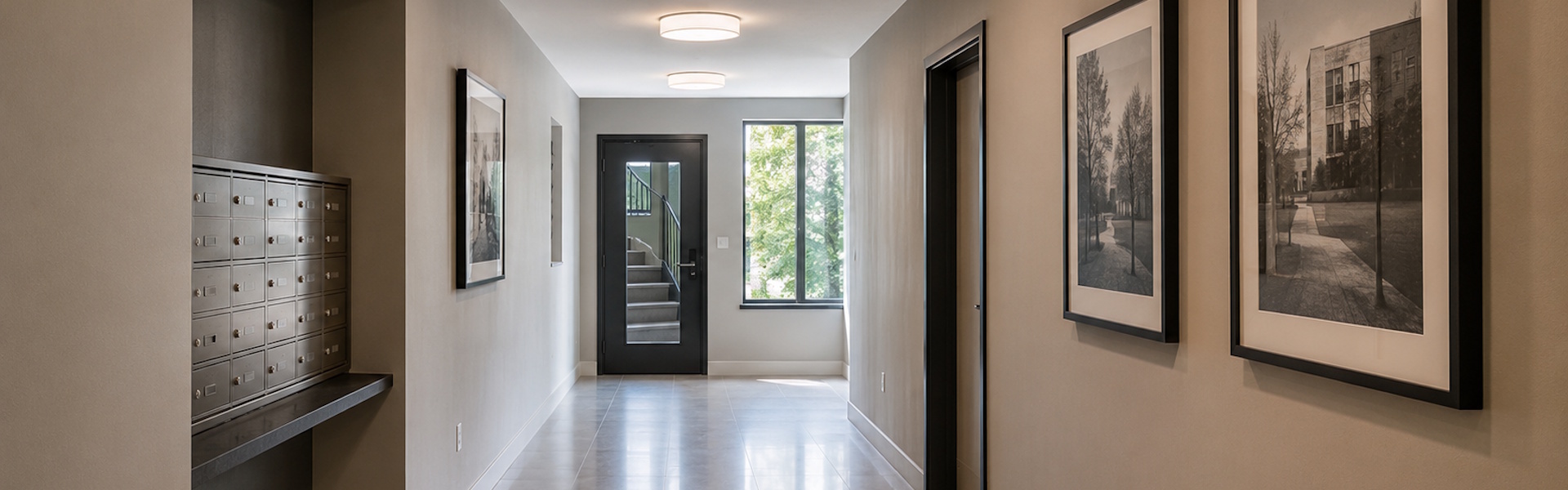 Modern apartment building hallway with surface mounted LED lights, warm-neutral 3500K, polished tile floor.