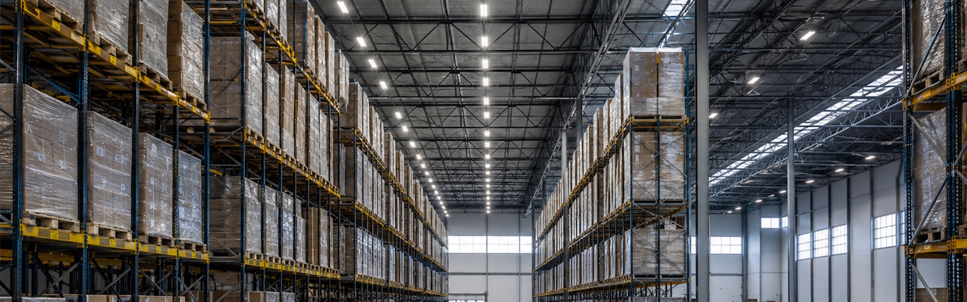 LED linear high bay fixtures illuminating pallet racking rows in a modern distribution center warehouse at 30-foot ceiling height